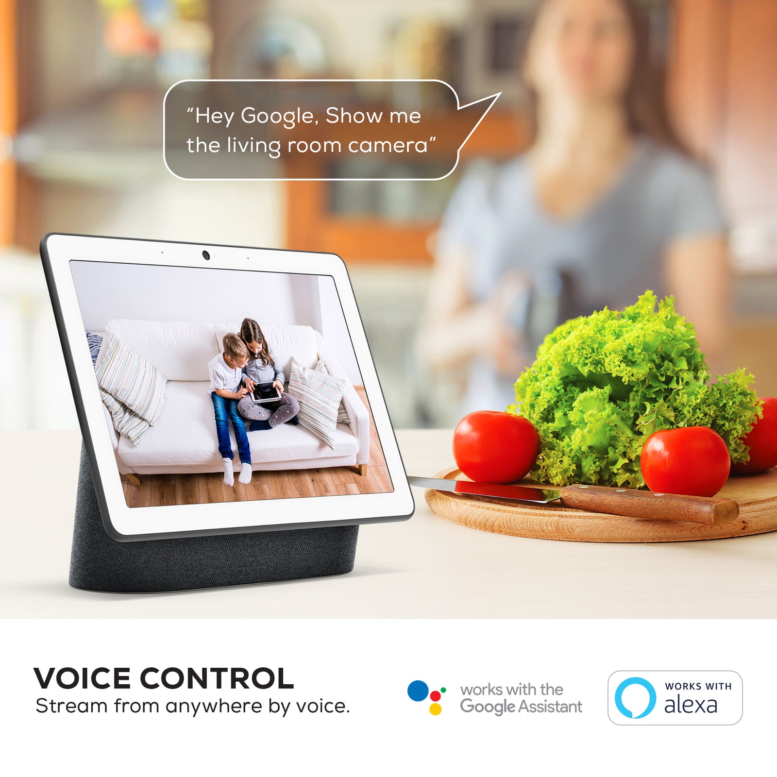 Smart WiFi 720P Camera with Voice Control, Requires 2.4GHz WiFi, White